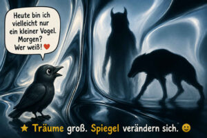 Ein kleiner schwarzer Vogel steht vor einer wellenförmig verzerrten Spiegelwand. In den Spiegelungen erscheinen statt seiner ein großer Wolf und eine geheimnisvolle gehörnte Gestalt. Der Vogel sagt: „Heute bin ich vielleicht nur ein kleiner Vogel. Morgen? Wer weiß!“ Unter der Szene steht: „Träume groß. Spiegel verändern sich.“