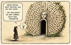 Ein Mädchen steht vor einer gewaltigen kreisförmigen Labyrinthwand, in deren Mitte ein steinernes Frauengesicht zu sehen ist. Unterhalb des Gesichts führt eine offene dunkle Tür in das Innere des Rätsels. Eine leuchtende Glühbirne in der Gedankenblase zeigt, dass das Mädchen eine Lösung erkannt hat. Der Bildtext lautet: „Jedes Rätsel sieht erstmal aus wie eine Wand … bis man merkt: Es gibt Türen, nicht nur Mauern!“