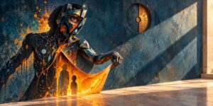 Eine dunkle, maskenhafte Figur ist mit einer blau-orange gesprenkelten Wand beinahe verschmolzen und zieht mit einer Hand eine leuchtende, goldene Membran zur Seite. Hinter dieser geöffneten Fläche erscheinen zwei schattenhafte menschliche Silhouetten in einem hellen Innenraum. Im Gesicht der Figur ist nur ein einzelnes Auge sichtbar, das wachsam aus einer kantigen, geometrischen Hülle blickt. Die Darstellung wirkt wie das Enthüllen eines verborgenen Raums oder einer inneren Schicht der Wirklichkeit.