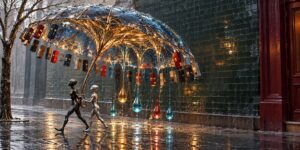 Zwei schlanke metallische Figuren gehen durch eine regennasse Straße und tragen gemeinsam einen außergewöhnlichen, baumartig aufgebauten Schirm. Unter seinem transparenten Dach hängen zahlreiche kleine, leuchtende Häuser wie Früchte oder Laternen. Große farbige Tropfen fallen von der Konstruktion auf den Boden und bilden helle Spiegelungen im Wasser. Die dunkle Stadtumgebung kontrastiert mit dem warmen Licht unter dem Schirm.