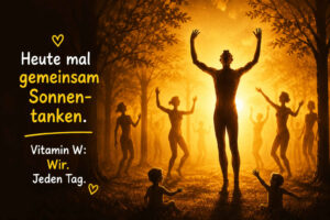 Mehrere Erwachsene und Kinder bewegen sich gemeinsam in einem sonnendurchfluteten Wald. Ihre Silhouetten tanzen, springen und heben die Arme in das intensive goldene Licht. Die Szene vermittelt Gemeinschaft, Bewegung und Lebensfreude. Der Text lautet: „Heute mal gemeinsam Sonnentanken. Vitamin W: Wir. Jeden Tag.“