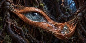 Zwischen verwachsenen Baumstämmen spannt sich eine organisch geformte Struktur, die wie ein großes, in Holz eingebettetes Auge aussieht. Aus dem Auge fließt eine feine, helle Flüssigkeit in eine handartige Mulde aus Rinde und Wurzeln. Darin ruht ein klarer Tropfen, in dem eine kleine Pflanze mit Wurzeln eingeschlossen ist. Das Bild verbindet Wald, Körper und Sehorgan zu einer stillen, fast mythischen Szene von Schutz und Entstehung.