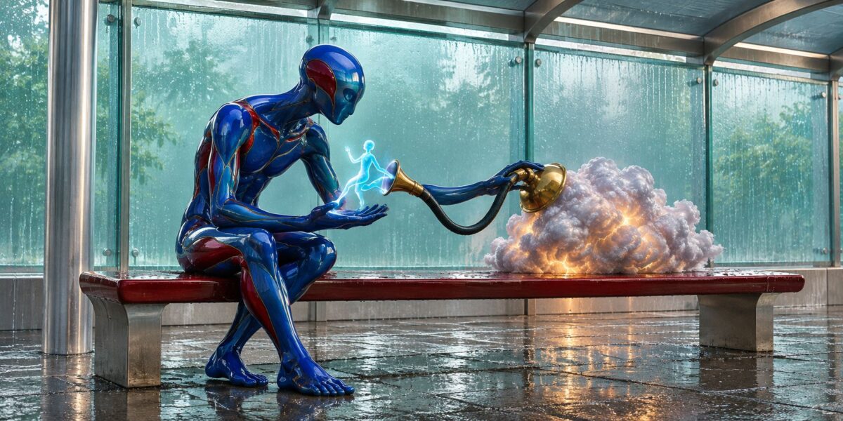 1. Eine blau glänzende humanoide Figur sitzt in einer verregneten Wartehalle auf einer langen Bank. In einer Hand hält sie eine kleine, leuchtende menschliche Gestalt, während die andere Hand einen Schlauch mit einem trichterartigen Ende führt. Der Schlauch verbindet die Figur mit einer kleinen Gewitterwolke, die ebenfalls auf der Bank liegt und von innen orange leuchtet. Hinter der Glaswand läuft Regen herab und verstärkt die ruhige, zugleich rätselhafte Atmosphäre.