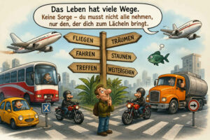 Ein Mann mit Rucksack steht nachdenklich mitten auf einer belebten Straßenkreuzung. Ein Wegweiser zeigt in verschiedene Richtungen zu „Fliegen“, „Träumen“, „Fahren“, „Staunen“, „Treffen“ und „Weitergehen“. Um ihn herum bewegen sich Autos, Motorräder, ein Bus, ein Tankwagen und Flugzeuge, während sogar Fische durch die Luft schweben. Über der Szene steht: „Das Leben hat viele Wege. Keine Sorge – du musst nicht alle nehmen, nur den, der dich zum Lächeln bringt.“