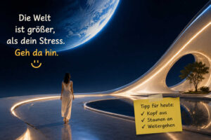 Eine Frau in einem weißen Kleid geht durch eine weite futuristische Anlage aus leuchtenden geschwungenen Bahnen. Über ihr erscheint ein riesiger blauer Planet am dunklen Sternenhimmel. Ein Zettel empfiehlt: „Kopf aus, Staunen an, Weitergehen.“ Der Haupttext lautet: „Die Welt ist größer, als dein Stress. Geh da hin.“