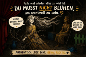 Eine junge Frau sitzt in einem dunklen Bühnenraum, während dornige Äste ihren Körper und ihr goldenes Kleid umgeben. Sie sagt: „Ich bin dornig, nicht defekt.“ Eine zweite, hölzern wirkende Frau antwortet: „Und ich bin einfach da. Auch okay.“ Darüber steht: „Du musst nicht blühen, um wertvoll zu sein“, darunter: „Authentisch. Leise. Echt. Genau richtig.“