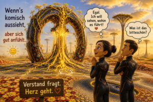 Eine Frau und ein Mann in futuristischen Anzügen stehen vor einem riesigen ringförmigen Gebilde aus einem golden leuchtenden Baum und dunklen Bögen. Die Frau möchte das geheimnisvolle Tor betreten und denkt: „Egal. Ich will sehen, wohin es führt!“ Der skeptische Mann fragt sich dagegen: „Was ist das bitteschön?“ Die Bildtexte antworten: „Wenn’s komisch aussieht, aber sich gut anfühlt …“ und „Verstand fragt. Herz geht.“