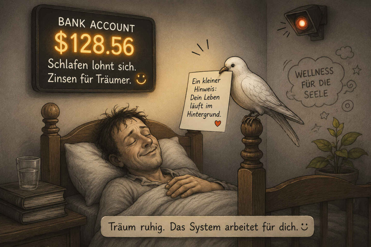 Ein Mann schläft in seinem Bett, während eine weiße Taube auf dem Bettpfosten sitzt. Sie hält ein Schild mit der Aufschrift: „Ein kleiner Hinweis: Dein Leben läuft im Hintergrund.“ Eine Anzeige an der Wand zeigt einen Kontostand und den Satz: „Schlafen lohnt sich. Zinsen für Träumer.“ Unter dem Bild steht: „Träum ruhig. Das System arbeitet für dich.“