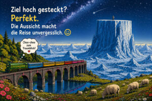 Ein farbenfroher Zug fährt über ein hohes Viadukt aus einer grünen Landschaft in eine gewaltige Eiswelt. Auf einem riesigen abgeflachten Eisberg steht eine winzige Person unter Sternenhimmel und Milchstraße. Im Vordergrund grasen Schafe zwischen Blumen. Der Text lautet: „Ziel hoch gesteckt? Perfekt. Die Aussicht macht die Reise unvergesslich.“ Der Zug denkt: „Choo-choo zum Traumblick!“