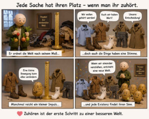 Eine vierteilige Bildergeschichte zeigt eine Figur, die Gemüse und Kleidung mithilfe eines großen Messgerätes ordnen möchte. Hemd, Jacken, Stiefel, Socke und Hose protestieren: „Wir wollen gehört werden!“, „Auch wir haben Wert!“ und „Unsere Entscheidung!“ Eine Kartoffel erklärt: „Eine kleine Bewegung kann alles verändern“, worauf Menschen, Kleidungsstücke und Kartoffeln schließlich gemeinsam feiern. Die Texte führen von „Er ordnet die Welt nach seinem Maß …“ über „… doch auch die Dinge haben eine Stimme“ und „Manchmal reicht ein kleiner Impuls …“ zu „… und jede Existenz findet ihren Sinn.“ Darunter steht: „Zuhören ist der erste Schritt zu einer besseren Welt.“