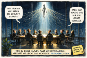 Eine Gruppe von Geschäftsleuten sitzt nachts in einem Konferenzraum und blickt erschrocken zu einem schwebenden Außerirdischen hinauf. Von dessen Körper gehen zahlreiche leuchtende Verbindungslinien aus. Die Sprechblasen lauten: „Wir dachten, wir haben die Zukunft gekauft.“ und „Dabei hat jemand uns nur ein Update verpasst.“ Darunter steht: „Wer zu lange glaubt, alles zu kontrollieren, verpasst vielleicht das Wichtigste: verbunden zu sein.“