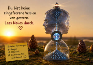 Eine gläserne Sanduhr trägt mehrere transparente Gesichter und einen kleinen leuchtenden Leuchtturm. Blaue Zeichen rieseln durch ihre Mitte in den unteren Kolben und bilden dort einen wachsenden Berg. Ein Zettel nennt als Zutaten für morgen: Neugier, Offenheit, ein bisschen Mut und Humor. Die Botschaft lautet: „Du bist keine eingefrorene Version von gestern. Lass Neues durch.“