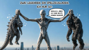 Eine riesiges Monster hält Godzilla und King Kong an beiden Armen ausgestreckt den Händen in die Höhe. Beide hängen benommen über einer modernen Stadt und werden von kleinen Sternen und kreisenden Linien umgeben. Die Gestalt kommentiert: „Ich nur so: Niedlich, aber ich hab heute keinen Hunger.“ Darüber steht: „Zwei Legenden, ein Spielzeugladen.“