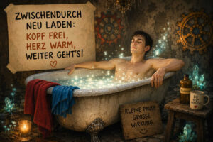 Ein junger Mann entspannt mit geschlossenen Augen in einer alten Badewanne voller leuchtender Blasen. Um ihn stehen Kerze, Kristalle, eine Flasche mit der Aufschrift „Treibstoff“ und eine Tasse, auf der „Du bist wichtig“ steht. Ein Holzschild verspricht: „Kleine Pause. Große Wirkung.“ Darüber lautet die Botschaft: „Zwischendurch neu laden: Kopf frei, Herz warm, weiter geht’s!“