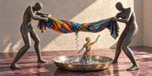 Zwei dunkle, gesichtslose Figuren halten zwischen sich ein langes, farbenprächtig gemustertes Tuch und wringen es über einer flachen Metallschale aus. Aus den herabtropfenden Farben formt sich in der Schale eine kleine menschliche Gestalt mit mosaikartiger Oberfläche. Die neue Figur hebt einen Arm nach oben und scheint gerade erst aus dem flüssigen Farbmaterial entstanden zu sein. Die schlichte Umgebung lenkt den Blick vollständig auf diesen Verwandlungsprozess.