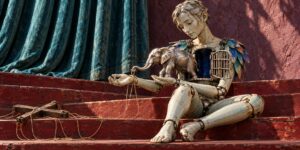 Eine gelenkige, menschenähnliche Figur sitzt auf roten Stufen und hält behutsam einen kleinen Elefanten auf ihren Händen. Neben ihr liegen feine Schnüre und eine einfache hölzerne Vorrichtung, während am Oberkörper ein leerer kleiner Käfig befestigt ist. Die Figur wirkt ruhig und beinahe fürsorglich, der Elefant steht frei außerhalb des Käfigs. Verwitterte Oberflächen und intensive Blau- und Rottöne geben der Szene einen leicht märchenhaften Charakter.