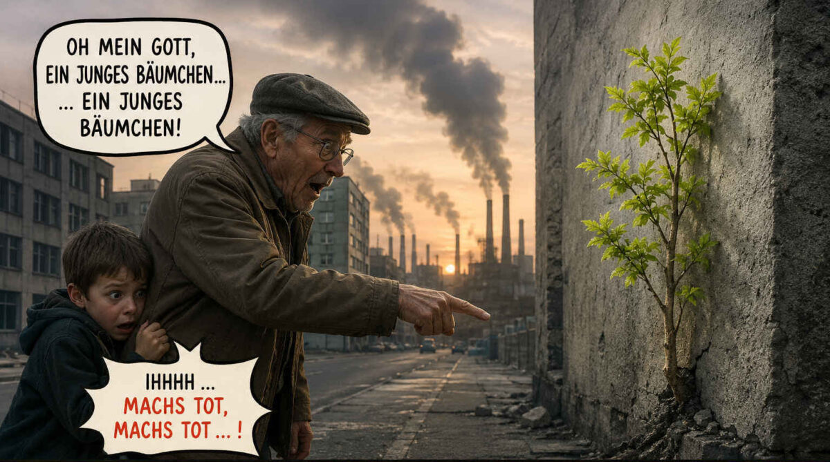 Ein älterer Mann und ein verängstigter Junge stehen in einer trostlosen Industriestadt vor einem kleinen Baum, der aus einer Betonwand wächst. Der Mann zeigt begeistert darauf und ruft: „Oh mein Gott, ein junges Bäumchen … ein junges Bäumchen!“ Der Junge klammert sich an ihn und fordert erschrocken: „Ihhhh … machs tot, machs tot …!“ Darunter steht: „Die Zukunft ist kein Riesending. Sie beginnt klein. Schütze sie.“ (Basierend auf einen einseitigen Comic in einer Beilage einer Wochenzeitung (Die Zeit oder Süddeutsche) in den 1990-Jahren)
