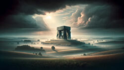 Ein riesiges Monument aus Steinblöcken, 200 Meter hoch oder höher, sodass es fast die tief liegenden Wolken berührt.