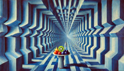 Eine riesige blaue Halle mit unnatürlich geformten Wänden und Perspektiven. Im Vordergrund steht eine Figur mit einem Tablett voller exotischer Früchte, während eine andere Gestalt in der Ferne zu sehen ist.