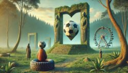 Surrealistische Landschaft mit schwebenden Fußballsymbolen, Steinstatuen, einem Riesenrad und mysteriösen Figuren, die eine geheimnisvolle Zeremonie vollführen.