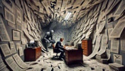 Ein düsteres Büro voller unzähliger Seiten mit dicht bedrucktem Text, die an den Wänden kleben, über den Boden verstreut sind und sich wie eine Welle aus Papier über den Raum erstrecken. Ein Mann in einem Anzug sitzt konzentriert an einem massiven Holzschreibtisch, umgeben von Aktenstapeln, während er weiter an seinen Dokumenten arbeitet. Hinter ihm hockt eine unheimliche, schattenhafte Gestalt, deren Körper ebenfalls aus einem Muster aus Schriftzeichen zu bestehen scheint, als würde sie aus dem endlosen Strom der Dokumente hervorgehen. Die Szene strahlt eine bedrückende, kafkaeske Atmosphäre aus – ein Labyrinth aus Bürokratie, aus dem es kein Entkommen gibt.