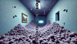 Ein surrealer Raum, dessen Boden mit einer riesigen Menge violetter Früchte bedeckt ist. Eine Metallkette hängt von der Decke herab, während an den Wänden ein Gemälde und ein Fenster zu sehen sind.