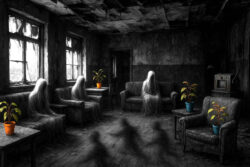 In einem verfallenen, düsteren Raum sitzen geisterhafte Figuren auf Sofas, während helle Topfpflanzen als einzige Farbtupfer zwischen dem Verfall stehen.