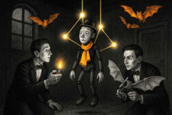 Zwei Männer in Anzügen untersuchen eine aufgehängte, lebensecht wirkende Holzpuppe mit gelbem Schal, während leuchtende Seile sie halten und orangefarbene Fledermäuse durch den dunklen Raum flattern; einer der Männer hält ein Feuerzeug, der andere ein mechanisches Fledermausmodell.
