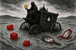 Eine schwarze Kutsche steckt im Treibsand fest. Ein verhüllte Gestalt sitzt auf dem Kutschbock und hält eine gelbe Scheibe in die Höhe. In der Kutsche sitzt ein junges Mädchen. Im Treibsand vor der Kutsche liegen zwei Herzen, ein Würfel und zwei Spiegel.