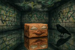 Ein mysteriöses Paket mit aufgemalter Wolke und einem Handschlag liegt auf dem spiegelnden Boden eines graffitibedeckten, fensterlosen Raums. Eine schwarze Krähe steht daneben und blickt das Paket an. Die Wände sind mit Farbschlieren und Tags beschmiert, die Atmosphäre ist feucht und hermetisch.