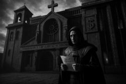 Ein düster dreinblickender Mönch hält einen Kreditvertrag vor einem monumentalen Gebäude mit Kreuz und Dollarzeichen – Symbol für den Schulterschluss von Kirche und Kapital.