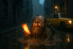 Ein bärtiger Mann mit Brille taucht schmelzend aus einer Pfütze auf und hält ein leuchtendes Stück Papier. Hinter ihm beobachtet ihn ein Mann aus einem Taxi in einer dunklen Gasse.