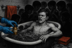 Ein Mann windet sich schmerzvoll in einer Badewanne voller dunkler Blasen, umgeben von schemenhaften Kinderfiguren – eine mit blauen Handschuhen ausgestattete Hand reicht ihm eine Medizinflasche.