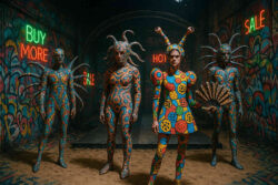 Vier Personen in bunten, bizarr gemusterten Ganzkörperanzügen mit insektenartigen Auswüchsen stehen in einer düsteren, graffiti-bedeckten Halle. Die zentrale Figur trägt ein auffälliges, farbenfrohes Kostüm mit runden Mustern und hält einen Fächer. Neon-Schriftzüge wie „BUY MORE“, „SALE“ und „HOT“ leuchten an den Wänden – eine surreale Szene zwischen Science-Fiction, Kunstperformance und Konsumkritik.