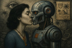 Eine Frau küsst zärtlich einen humanoiden Roboter. Im Hintergrund sind ein allsehendes Auge, Spinnen und ägyptische Symbole zu sehen – eine surreale Verschmelzung von Intimität, Technik und Archetypen.