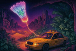 Ein riesiger, leuchtender Federball mit einem Minzblatt schwebt durch eine postapokalyptische Wüstenstadt bei Nacht. Ein gelbes Taxi folgt ihm, während der Schriftzug „CENTRAL PARK“ auf einer Ruine prangt.