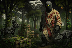 Ein bedrohlich wirkendes Wesen mit leuchtenden Augen und zerlumpter Kleidung geht durch eine überwucherte Industriehalle, begleitet von zwei robotischen Hunden. Die Szenerie ist düster und dystopisch.