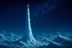 Ein einsamer Astronaut steht auf einer nadelartigen Felsformation unter einem sternklaren Himmel. Die fremdartige, eisige Landschaft wirkt wie ein ferner Planet.