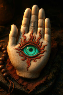 Eine aufrecht stehende Hand aus Stein mit einem leuchtend türkisfarbenen Auge in der Mitte der Handfläche, eingerahmt von einer flammenden Verzierung.