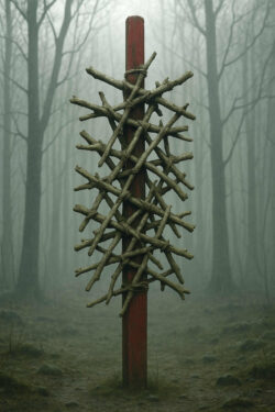 Ein roter Pfahl im dichten, nebligen Wald, umwickelt von sternförmig angeordneten Zweigen – ein mystisches, fast rituelles Gebilde.