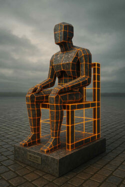 Eine monumentale, humanoide Statue aus dunklem Stein mit leuchtenden, orangefarbenen Gitternähten sitzt auf einem Platz unter einem bedrohlich grauen Himmel.