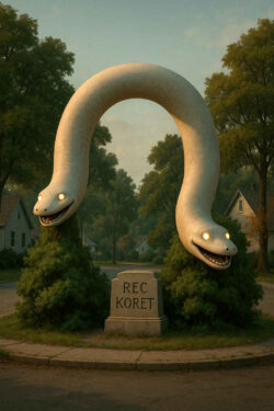Eine skurrile Skulptur in einer ruhigen Vorstadt: ein weißer, schlangenartiger Doppelkopf mit leuchtenden Augen, der einen Torbogen über einem Stein mit der Inschrift „REC KORET“ bildet.