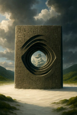 Ein monumentaler Stein mit eingravierten Symbolen steht auf einer Sandebene. In der Mitte öffnet sich ein rundes Loch mit Blick auf eine schwebende Felsformation in der Ferne.