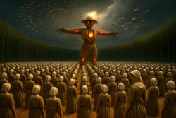 Ein riesiger, leuchtender Strohmensch mit ausgebreiteten Armen erhebt sich vor einem Heer identisch gekleideter Frauen in Hauben. Bienen wirbeln spiralförmig über seinem Kopf in einem düsteren Feld.