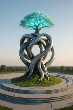 Monumentale, verwundene Metallröhren bilden einen Baumstamm, aus dem eine leuchtend türkise Baumkrone wächst – auf einem kreisförmigen Platz in weiter Landschaft.