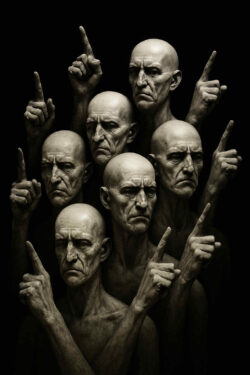 Sieben kahlköpfige, finster dreinblickende Männer zeigen mit ausgestrecktem Finger nach oben, alle mit ernster Miene, vor schwarzem Hintergrund in einer skulpturalen Komposition.