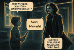 Ein Junge mit einem Messer fragt eine Frau: „Und wenn ich dich töte – bin dann ich Gott?“ Die Frau schreit: „Nein! Niemals!“ und fügt ruhig hinzu: „Nur wer sich selbst auslöscht, wird ewig.“ Die Szene ist in düsteren Farben mit leuchtenden Konturen gehalten.