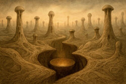 Eine fremdartige Landschaft mit pilzartigen Säulen, deren wulstige Formen aus einem verwobenen, wurzelähnlichen Gewebe hervorgehen. In der Mitte befindet sich ein schalenförmiger Abgrund, aus dem goldenes Licht emporsteigt.