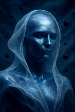 Blau schimmernde androgyne Figur mit feinen, fließenden Mustern auf der Haut, von einem transparenten Schleier umhüllt, schwebend in dunkler, sphärischer Umgebung.