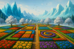 Bunte geometrische Blumenfelder in einem frostigen Tal, umrahmt von schneebedeckten Bäumen und blauen Gebirgsketten unter hellem Himmel.